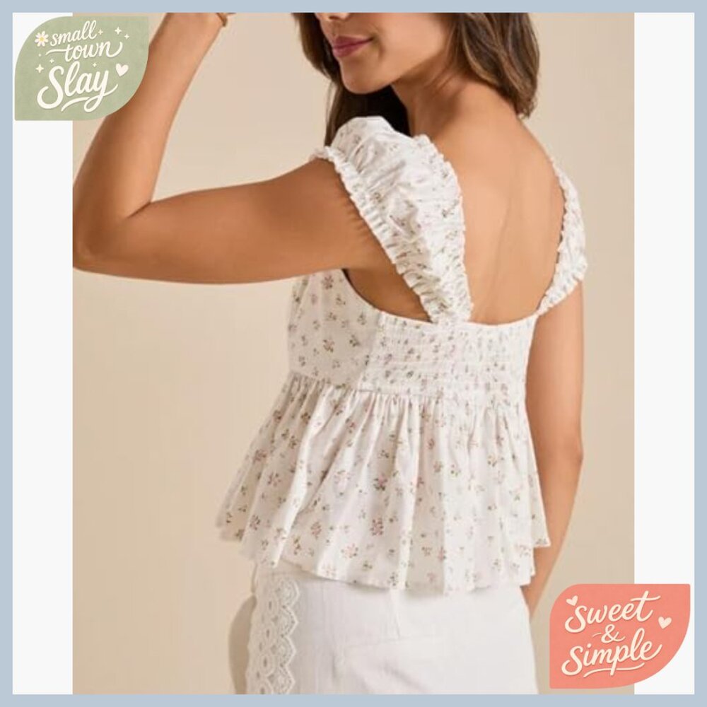 Floral Babydoll Top Smocked Back Cap Sleeves Summer Tank - Picture 3 of 4